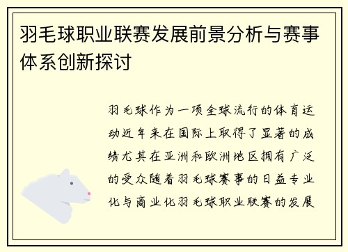 羽毛球职业联赛发展前景分析与赛事体系创新探讨