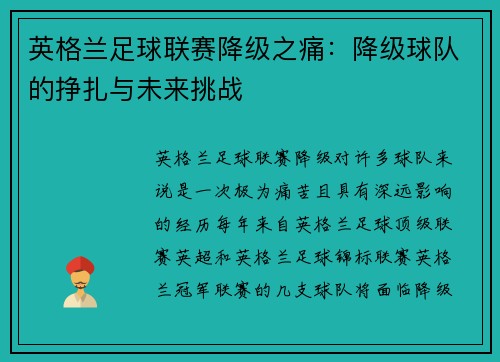 英格兰足球联赛降级之痛：降级球队的挣扎与未来挑战
