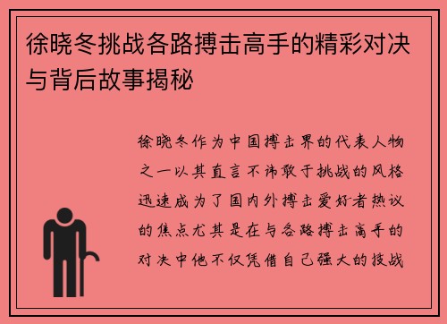 徐晓冬挑战各路搏击高手的精彩对决与背后故事揭秘