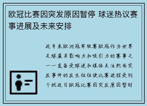 欧冠比赛因突发原因暂停 球迷热议赛事进展及未来安排